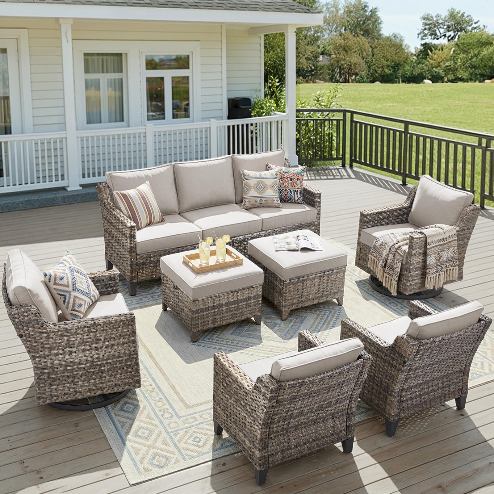 Wicker Patio Furniture Set-7 PieceAll Weather Outdoor Conversation Sets Sectional Sofa with Wicker Swivel Rocker Patio Chairs, Thick Cushions Ottomans for Porch Balcony Patio Deck Grey/Beige