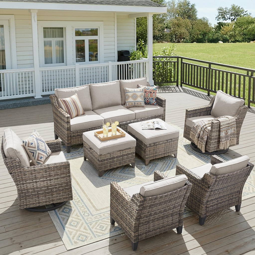 Wicker Patio Furniture Set-7 PieceAll Weather Outdoor Conversation Sets Sectional Sofa with Wicker Swivel Rocker Patio Chairs, Thick Cushions Ottomans for Porch Balcony Patio Deck Grey/Beige