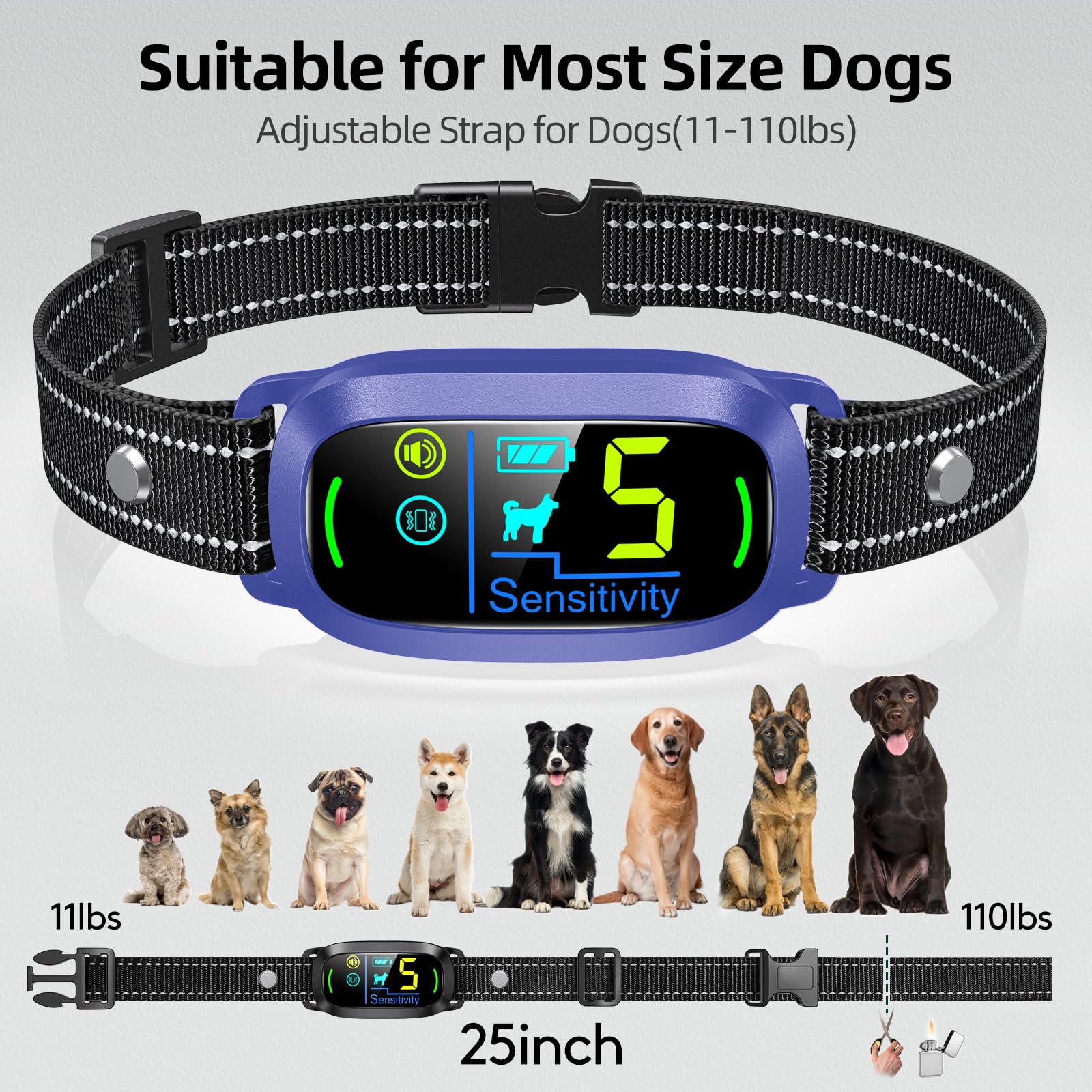 Dog Bark Collar for Large Medium Small Dogs, Rechargeable Smart Bark Collar, Anti Barking Training Collar with 5 Adjustable Sensitivity Beep Vibration (Purple)