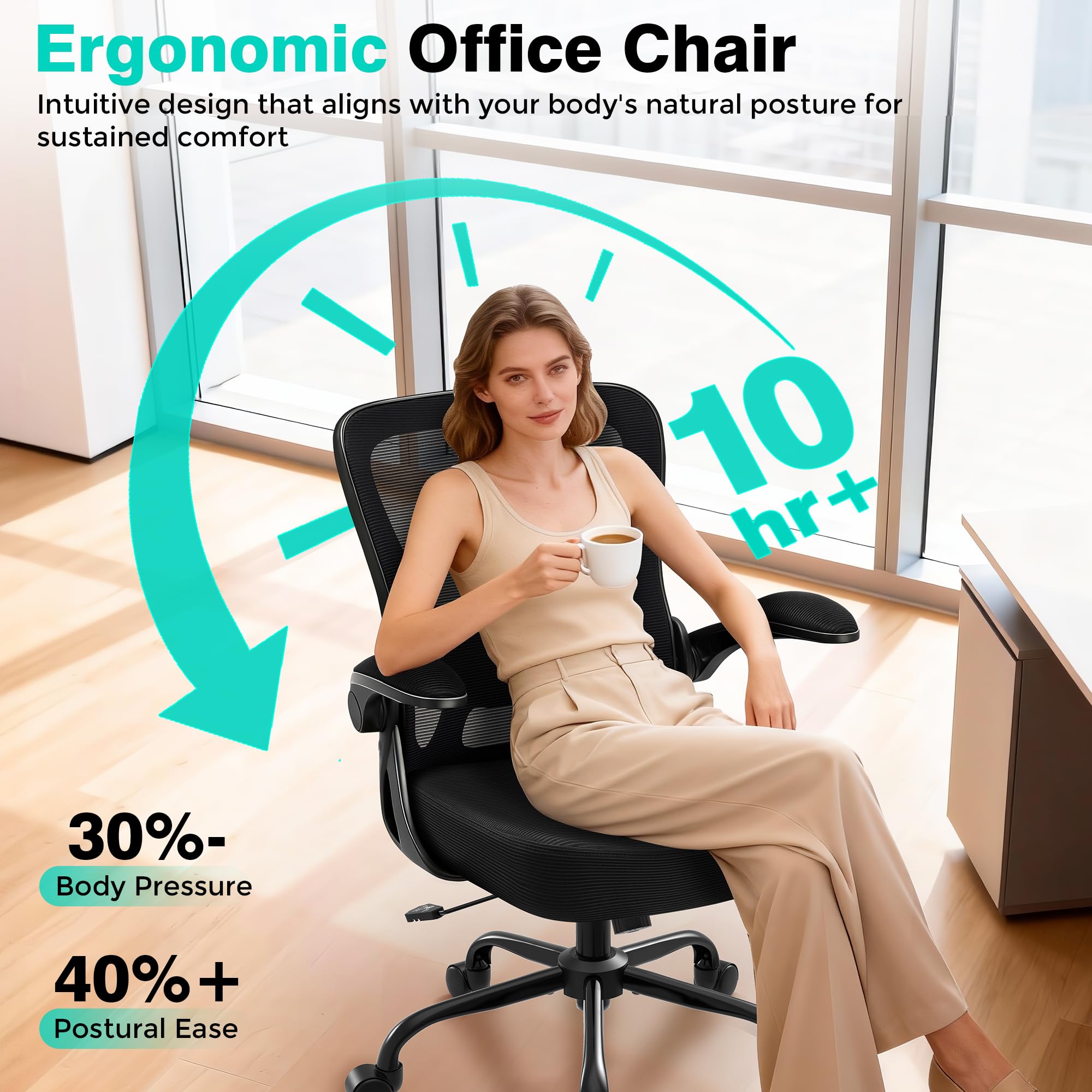 Office Chair - Ergonomic Breathable Mesh Desk Chair with Adjustable Lumbar Support and Flip-up Armrests - Executive High Back Rolling Swivel Comfortable Computer Gaming Chair for Home Office