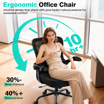 Office Chair - Ergonomic Breathable Mesh Desk Chair with Adjustable Lumbar Support and Flip-up Armrests - Executive High Back Rolling Swivel Comfortable Computer Gaming Chair for Home Office