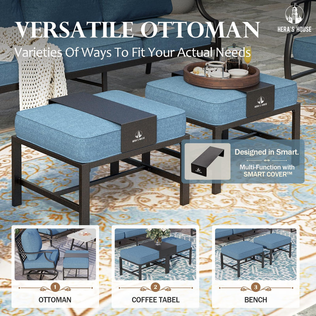 7 Piece Patio Furniture Set, 4 x Leg Chair, 2 x Cushioned Ottoman, 1 x 3-Seat Sofa, All Cushioned 9 Seats Metal Outdoor Conversation Set for Lawn Garden Backyard