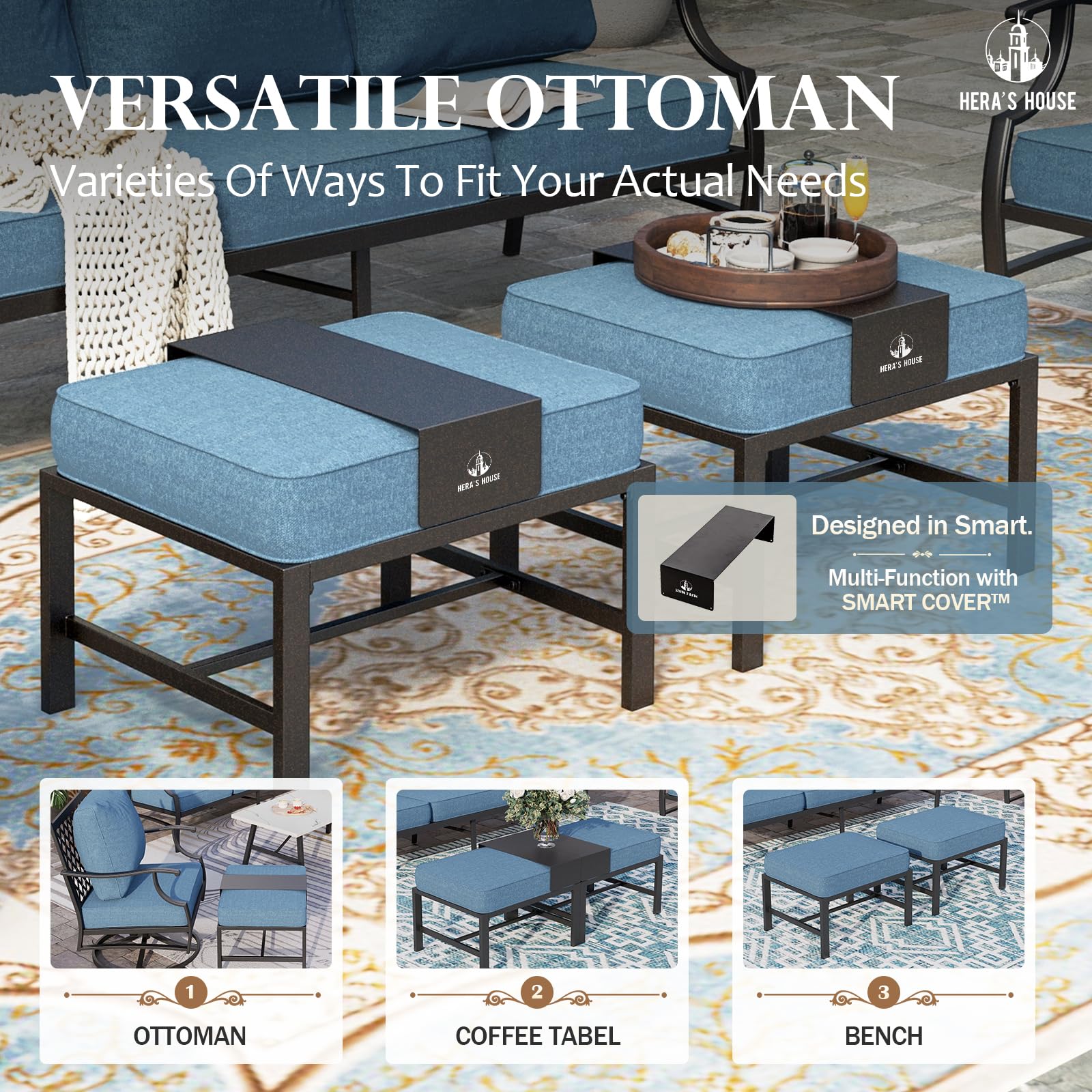 7 Piece Patio Furniture Set, 4 x Leg Chair, 2 x Cushioned Ottoman, 1 x 3-Seat Sofa, All Cushioned 9 Seats Metal Outdoor Conversation Set for Lawn Garden Backyard