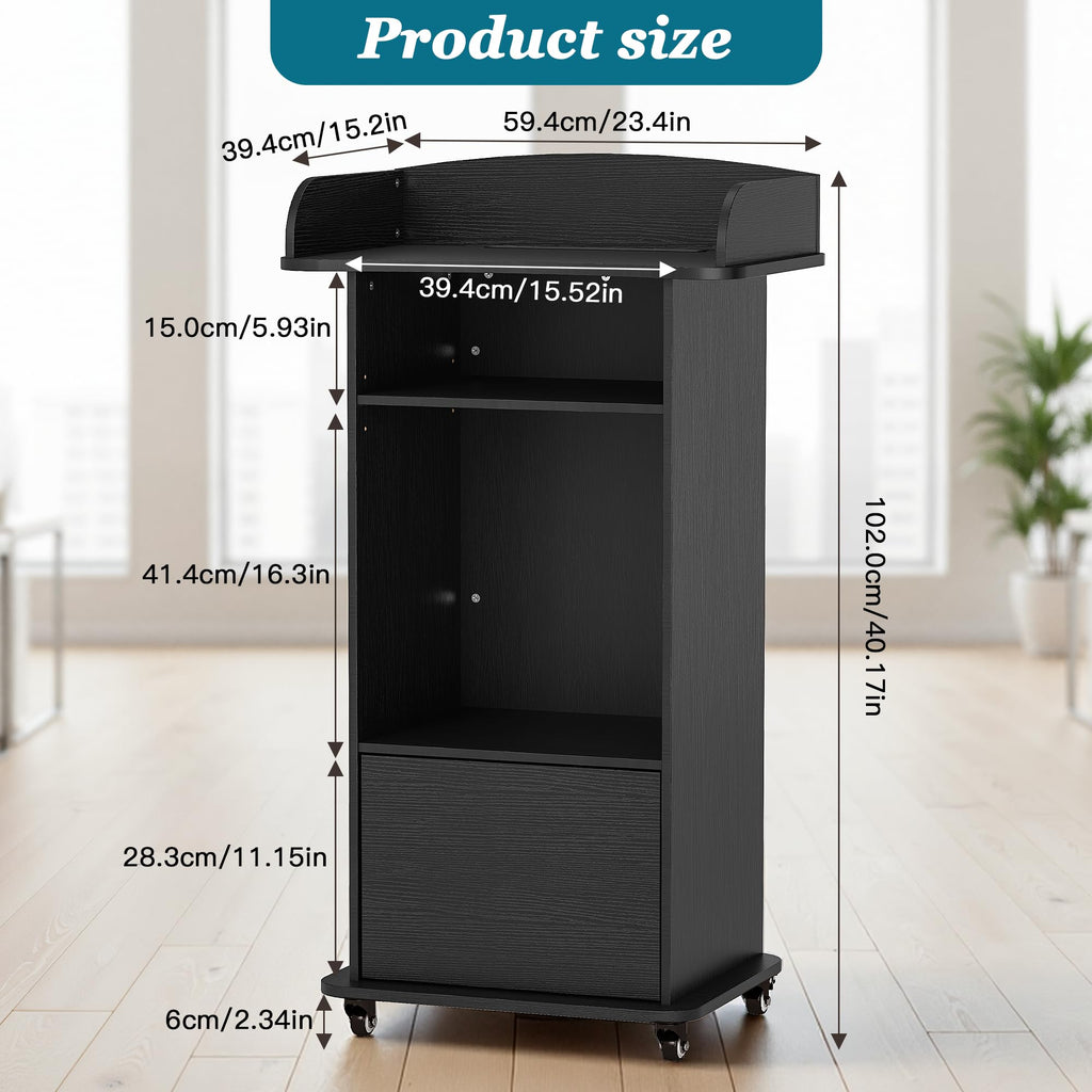 Podium Stand with Metal Wheels Wooden Lectern Podium Stand Portable Pulpit Standing with Storage Mobile Reception Podiums Desk for Church Office School Conference Restaurant Meeting, Black