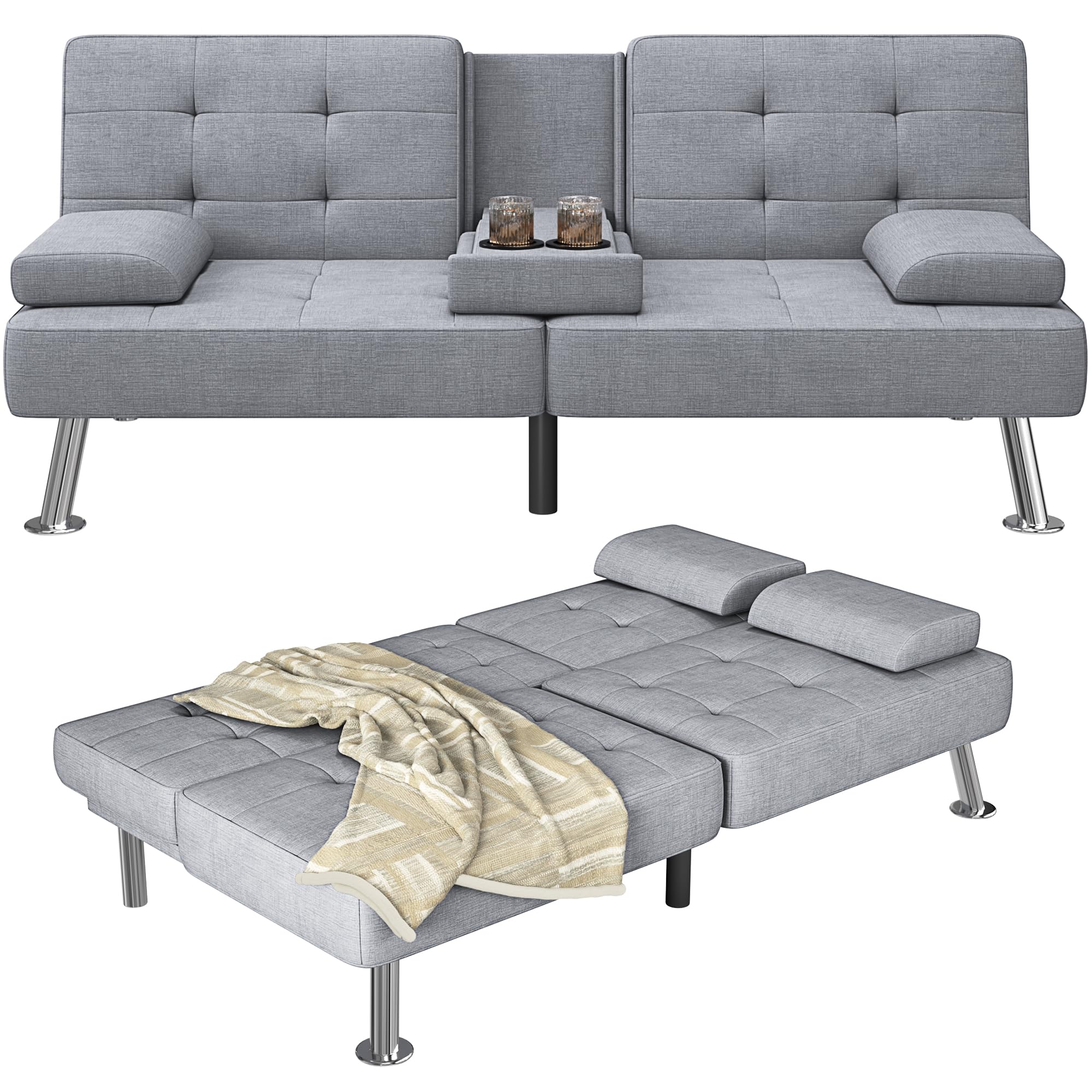 Sofa Bed Adjustable Futon Couch Sleeper Sofa Bed for Living Room, Business Office, Recliner Sofas with Cup Holders (Fabric, Light Gray)
