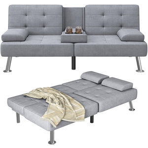 Sofa Bed Adjustable Futon Couch Sleeper Sofa Bed for Living Room, Business Office, Recliner Sofas with Cup Holders (Fabric, Light Gray)