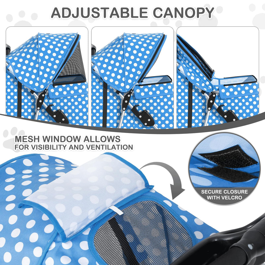 3 Wheels Pet Dog Cat Stroller for Small Medium Dogs Cats, Foldable Jogger Stroller w/Storage Basket and Cup Holder, Sky Blue Polka Dots