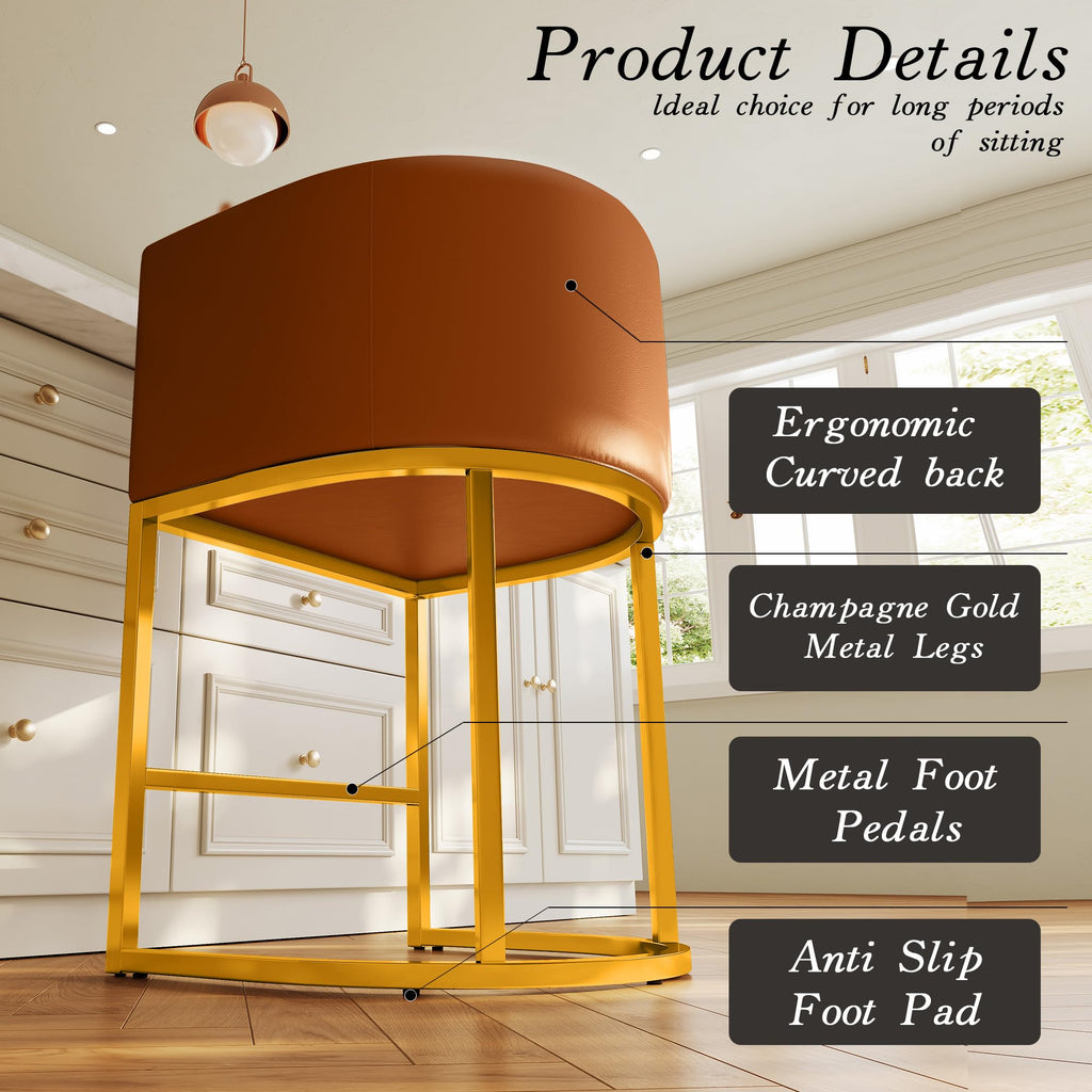 Modern Counter Height Bar Stools,Bar Stools Set of 2,PU Leather Upholstered Barrel Barstools with Backs,26'' Kitchen Island Chairs,Metal Gold Frames,Camel Brown Leather