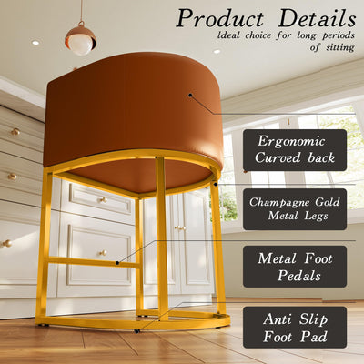 Modern Counter Height Bar Stools,Bar Stools Set of 2,PU Leather Upholstered Barrel Barstools with Backs,26'' Kitchen Island Chairs,Metal Gold Frames,Camel Brown Leather