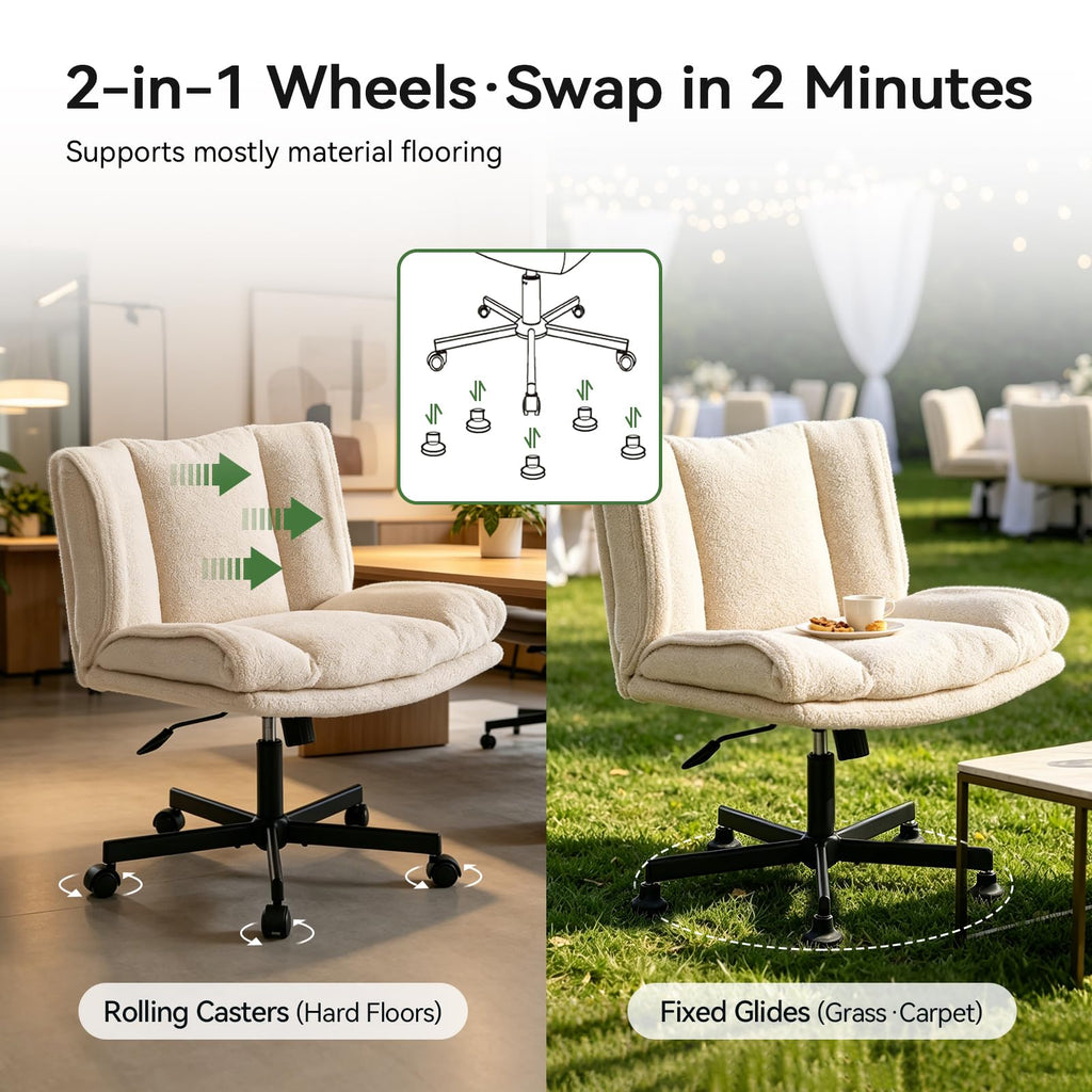 Wide Criss Cross Vanity Chair of 2 Set, 23.6" Large Seat Armless Dressing Table Chair with Fixed Feet, Furry Makeup Stool, Swivel Chair Extra Seating for Living Room & Home Gathering - Cream