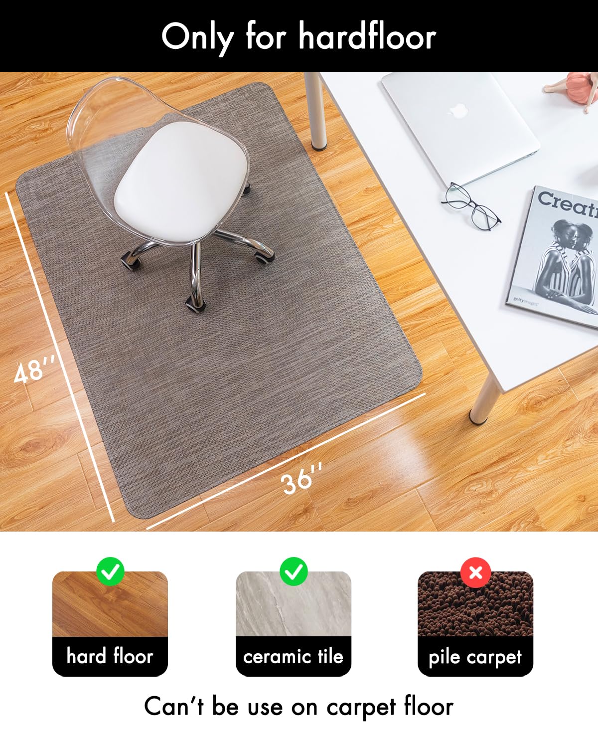Office Chair Mat for Hardwood Floor Under Desk Computer Rolling Chair Mat for Wood/Tile Floor Non-Slip Heavy Duty Desk Rug PVC Plastic Hard Floor Protector 36" x 48" (Soapstone)