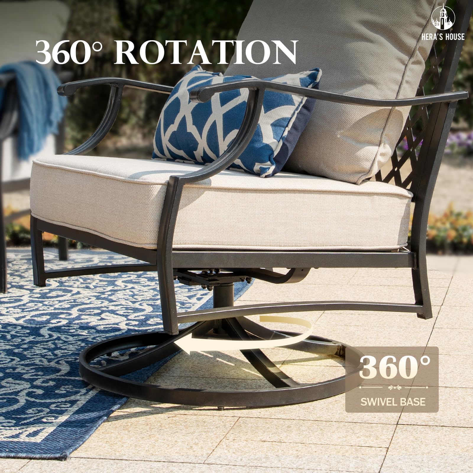 5 Piece Patio Furniture Set, 2 x Swivel Chair, 2 x Ottoman, 1 x 3-Seat Sofa, All Cushioned 7 Seats Outdoor Conversation Set for Lawn Garden Backyard