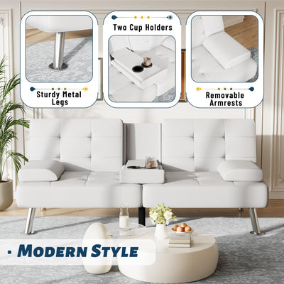 Sofa Bed Adjustable Futon Couch Sleeper Sofa Bed for Living Room, Business Office, Recliner Sofas with Cup Holders (PU Leather, White)