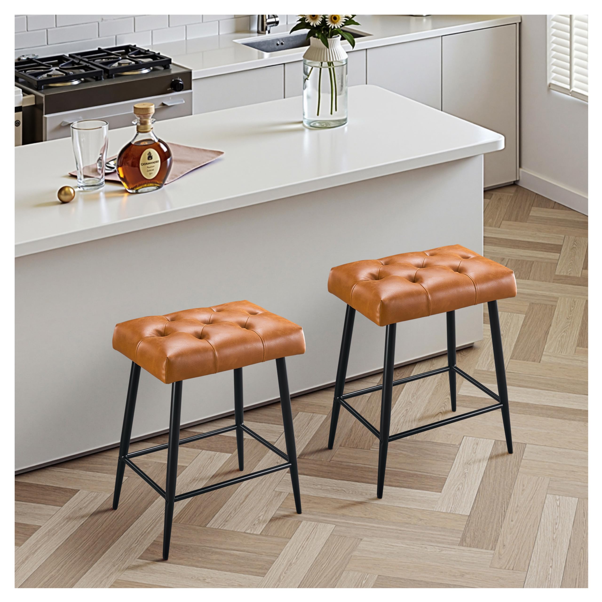 Counter Height Bar Stools Set of 2, 24 Inch Bar Stools for Kitchen Island, Farmhouse Bar Stool for Counter, Modern Kitchen Stools with Sturdy Metal Base and Thickened Cushion, Brown