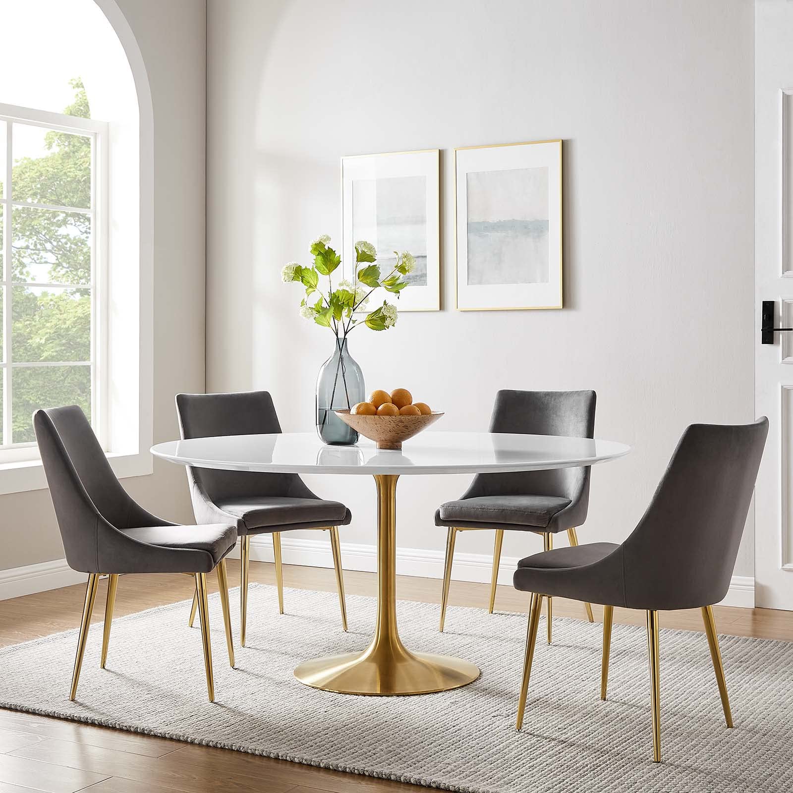 60" Mid-Century Modern Dining Table with Round White Top and Pedestal Base in Gold White
