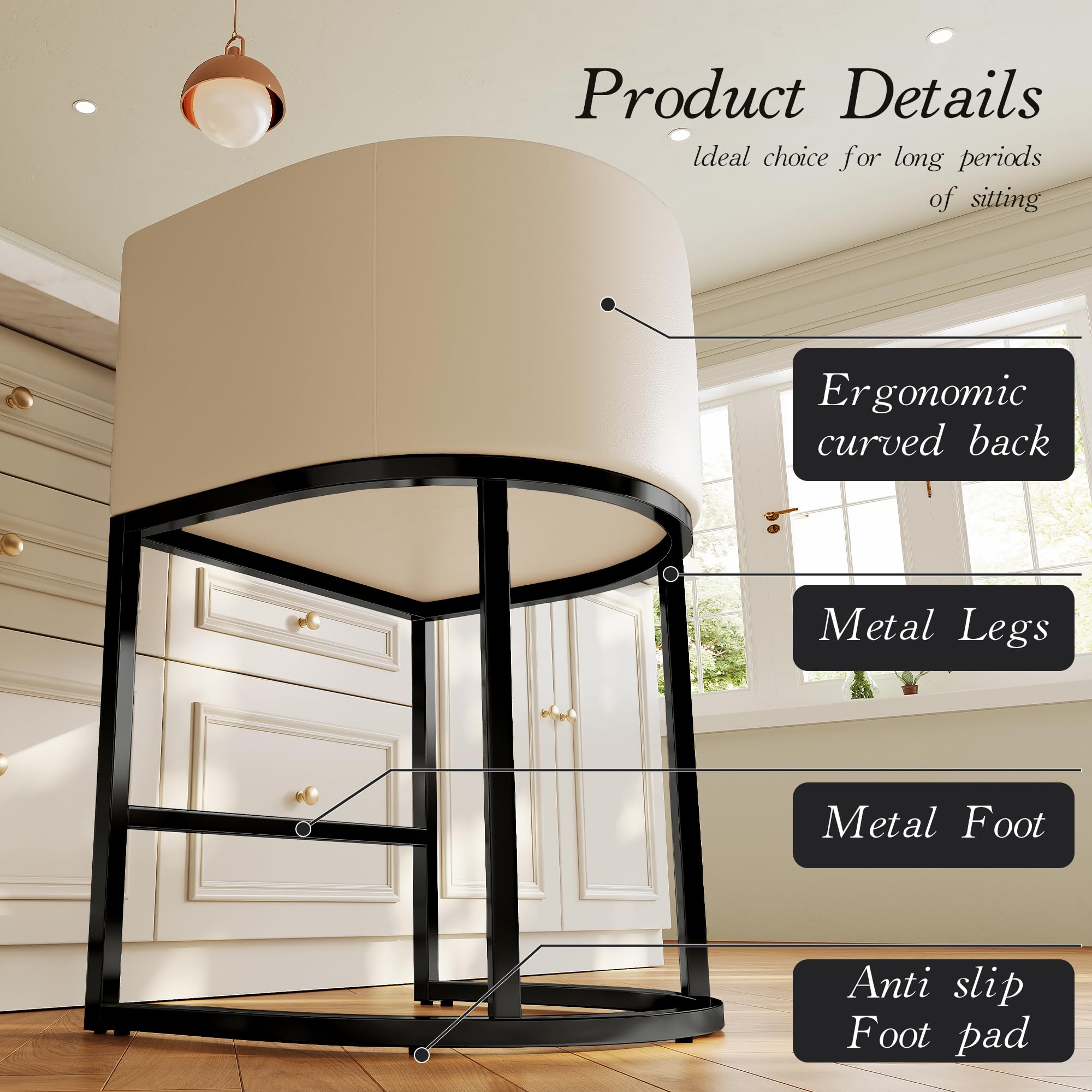 Modern Counter Height Bar Stools,Bar Stools Set of 3,PU Leather Upholstered Barrel Barstools with Backs,24'' Kitchen Island Chairs,Metal Black Frames,Beige White Leather