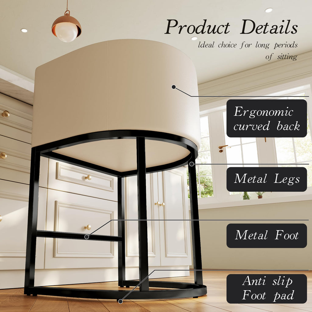 Modern Counter Height Bar Stools,Bar Stools Set of 3,PU Leather Upholstered Barrel Barstools with Backs,26'' Kitchen Island Chairs,Metal Black Frames,Beige White Leather