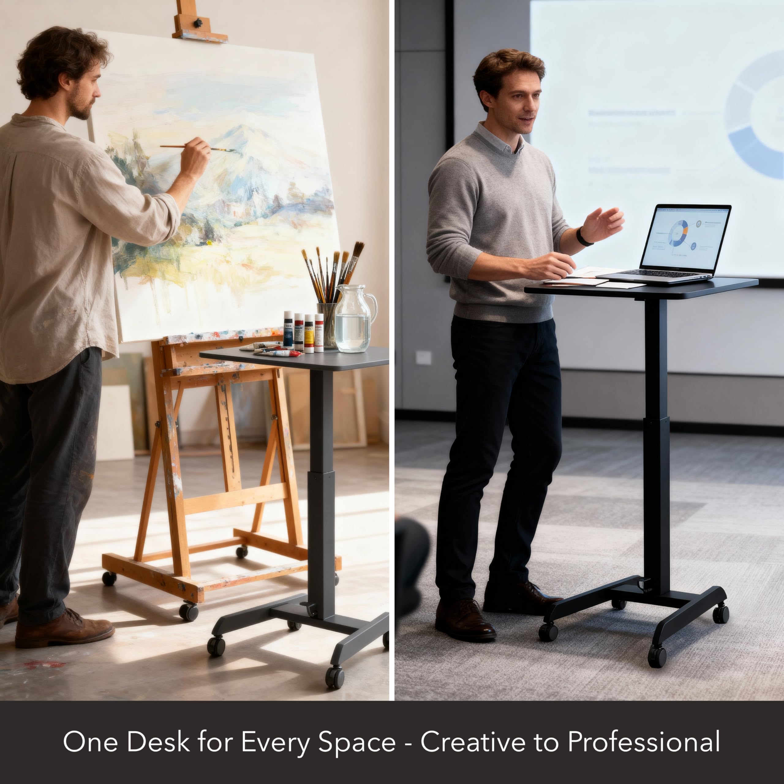 Rolling Laptop Desk Adjustable Height (29.6”-44.2”), Mobile Workstation Cart with 23.6” x 20.5” Desktop, Small Sit-Stand Desk for Home, Office, or Classroom in Black
