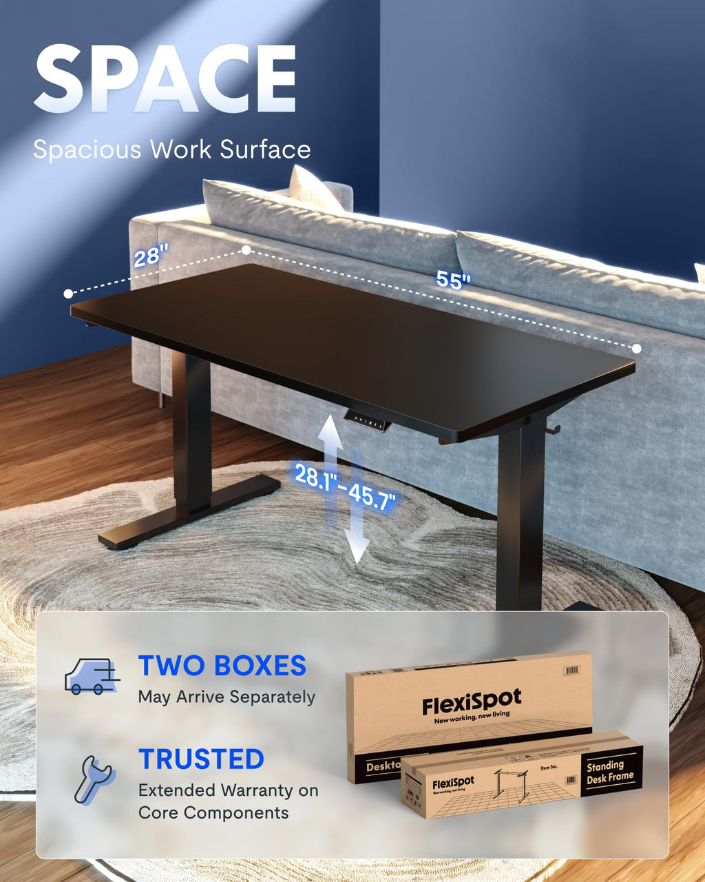 EN1 One-Piece Standing Desk, Electric Adjustable with 4 Memory Presets, 176 LBS Capacity, Stable & Quiet, Seamless Desktop for Home Office & Dual Monitors, 55"x28" Black