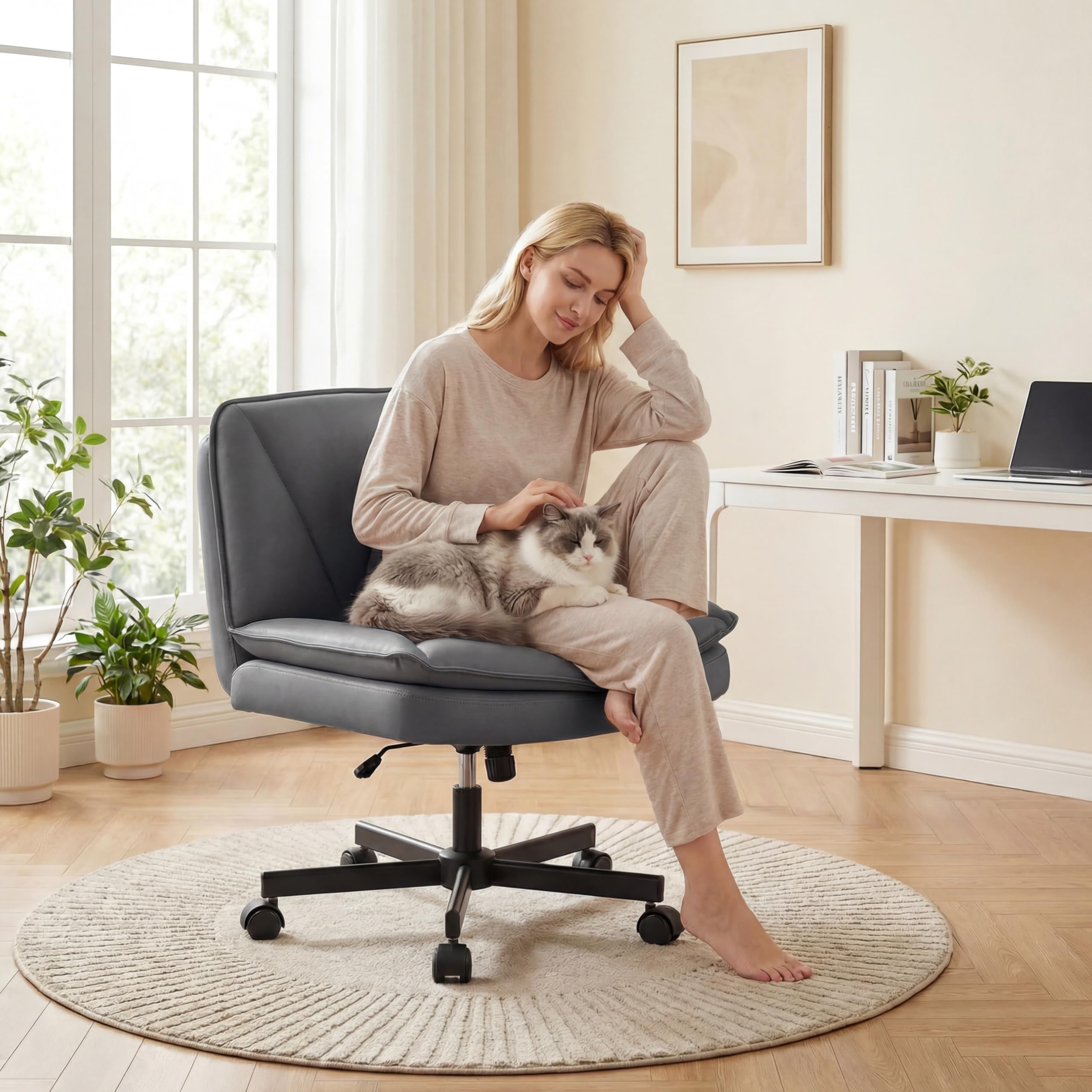 Ergonomic Office Chair, Comfy Criss Cross Chair with Wheels and 2 Layer Cushion, Wide Swivel Chair for Bedroom, Home Office, Makp-up Room, PU Leather, Grey