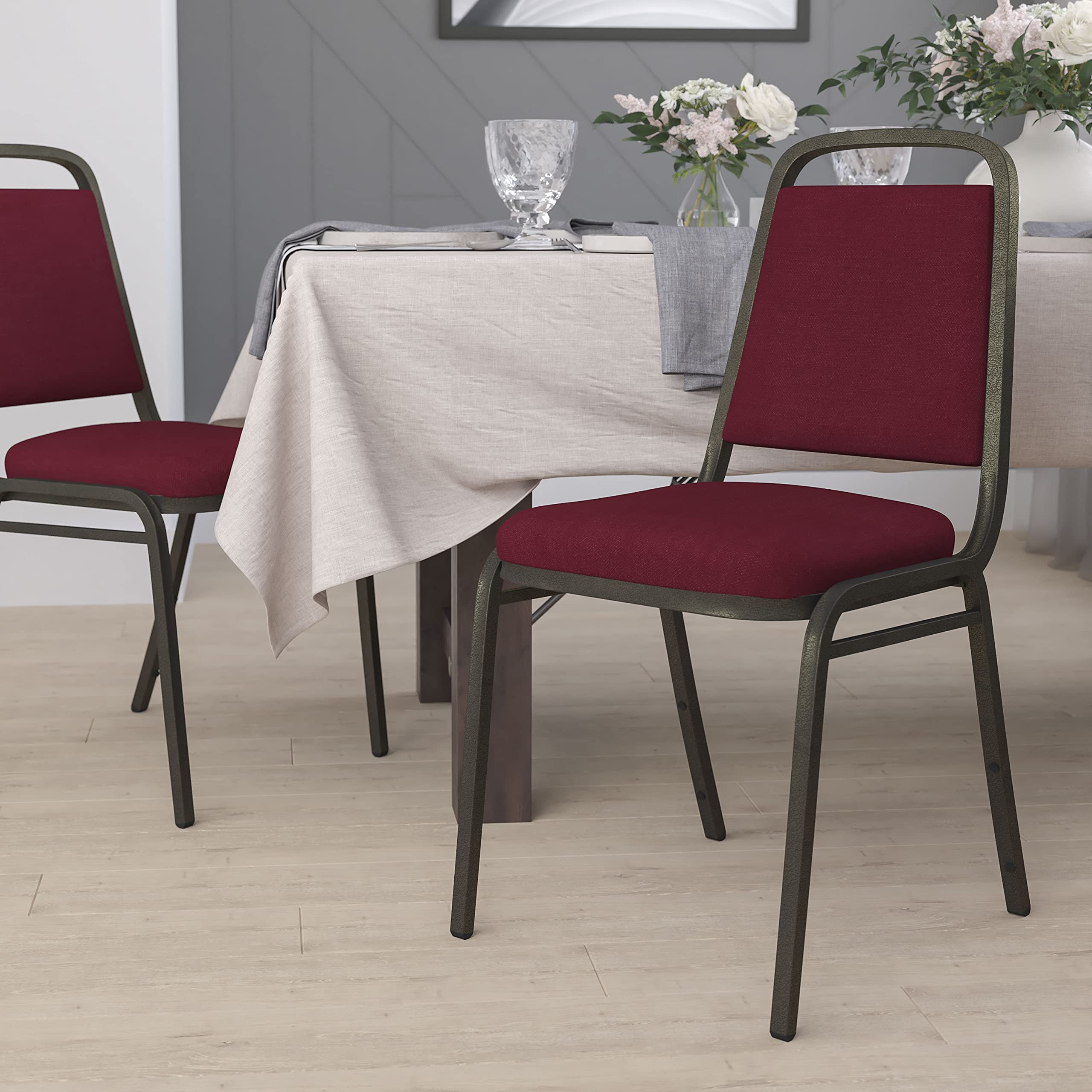 Trapezoidal Back Fabric Upholstered Stackable Banquet Chair, Multipurpose Stacking Chair with Padded Seat and Back, Burgundy/Gold