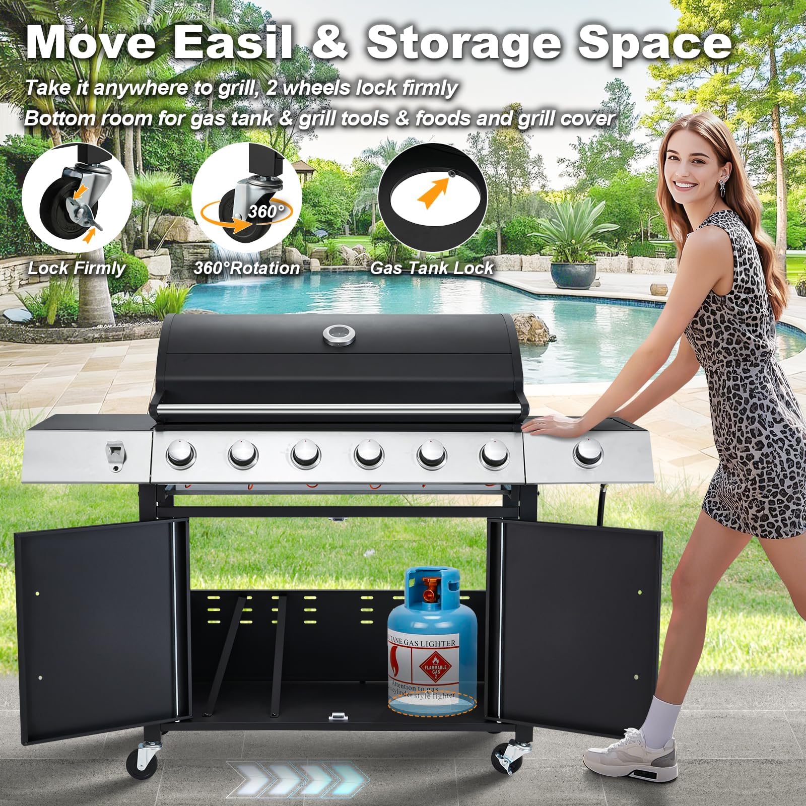 Upgraded 60,000 BTU Stainless Steel Burner Barbecue Grill, 6 Burner BBQ Propane Gas Grill with Side Stove & Cast Iron Grates for Patio, Camping, Outdoor Cooking