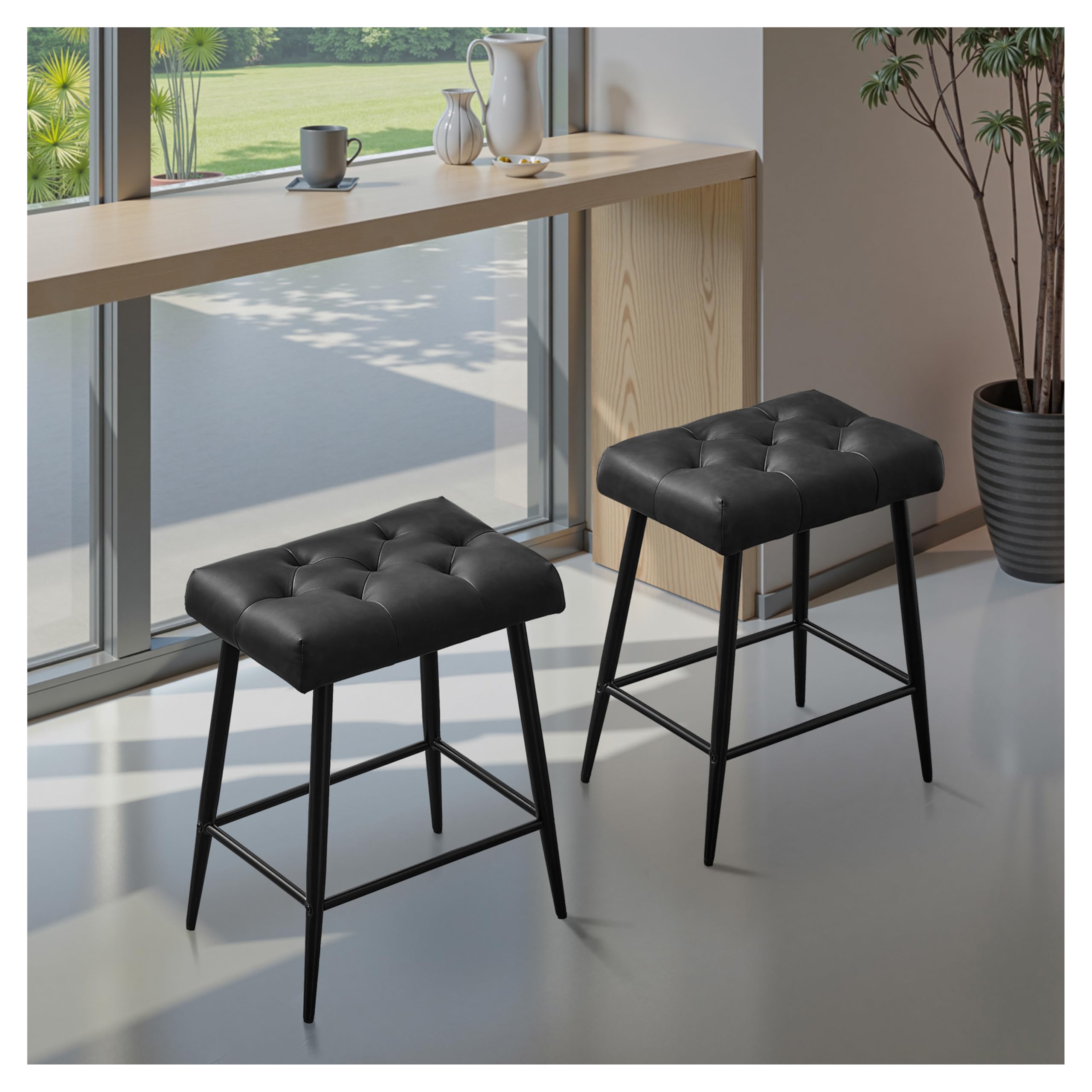 Bar Stools Set of 2, 24 Inch Bar Stool for Kitchen Island, Modern Counter Height Bar Stools for Kitchen Counter, Bar Chairs with Sturdy Metal Base and Adjustable Foot Pins, Black