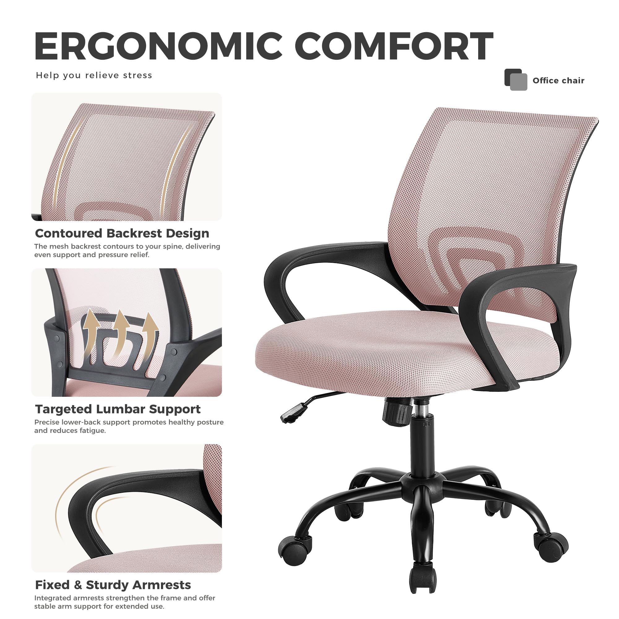 Office Desk Chair - Ergonomic Mid Back with Lumbar Support & Rocking Mode, Height Adjustable with Fixed Armrest, Storage Back for Computer, Gaming, Conference, Meeting Room, 360° Swivel, Pink