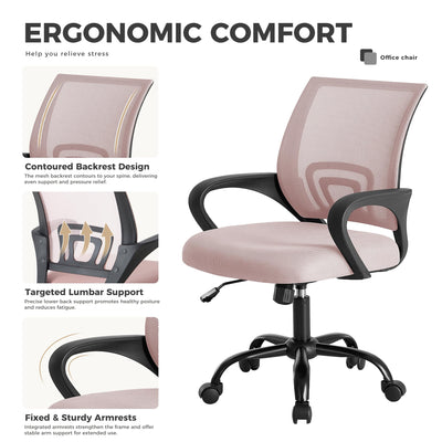 Office Desk Chair - Ergonomic Mid Back with Lumbar Support & Rocking Mode, Height Adjustable with Fixed Armrest, Storage Back for Computer, Gaming, Conference, Meeting Room, 360° Swivel, Pink