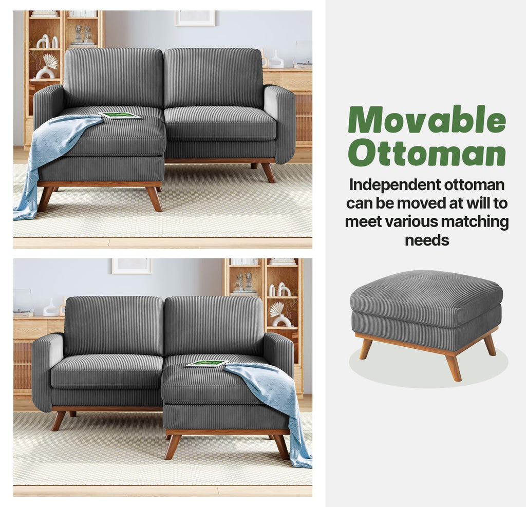 68" Loveseat Sofa with Movable Ottoman, Comfy Corduroy Couch with Spring Cushion, Sofa Couch with Solid Wood, Modern Office Sofa with Deep Seat for Living Room and Bedroom, Dark Gray