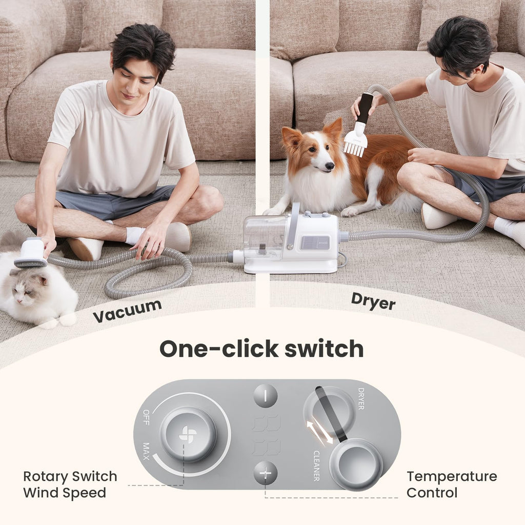 Dog Grooming Vacuum & Dryer, 7-in-1 Pet Grooming Kit with Clipper, 10000Pa Dog Vacuum for Shedding Grooming, Adjustable Speed & Temp, 55dB Low Noise,1.7L Dust Cup