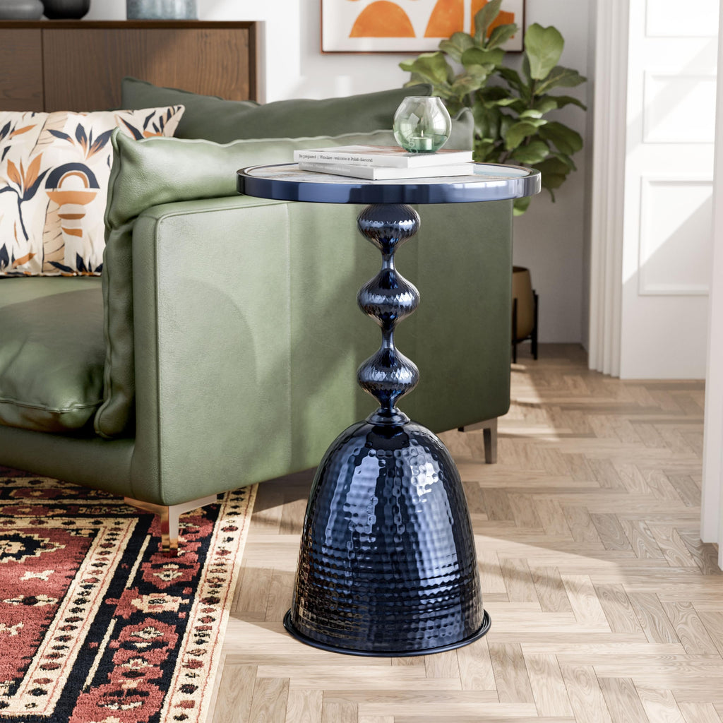 Modern 24" Tall Round End Table with Decorated Tabletop and Iron Metal Base, Accent Furniture, Elegant Pedestal Stand for Living Room, Home Office, Chrome Blue
