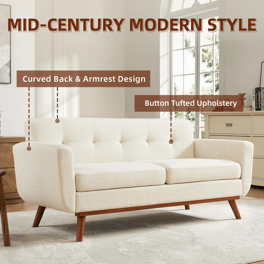 65.2" W Loveseat Sofa, Mid Century Modern Decor Love Seat Couches for Living Room, Button Tufted Upholstered Furniture, Easy to Install Small Couch for Bedroom Office Apartment, Cream White