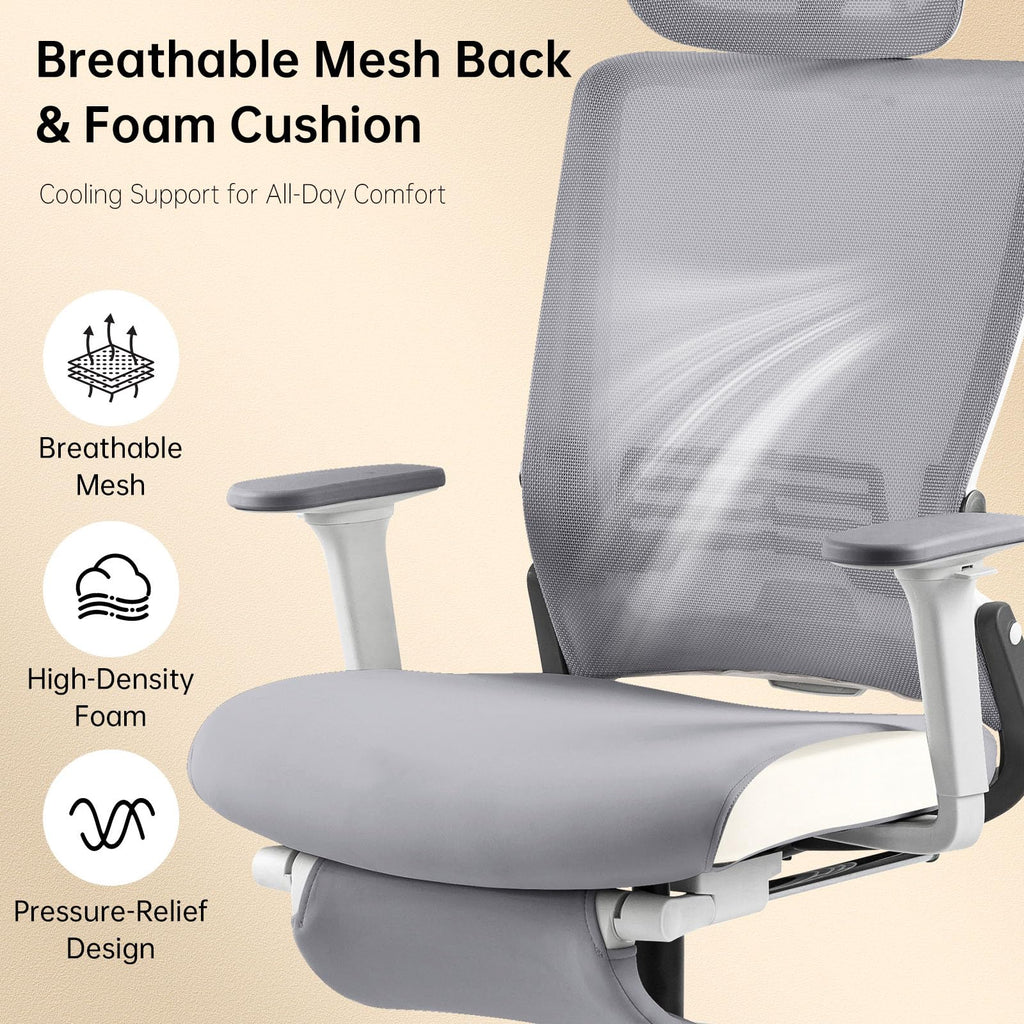 Foldable Office Chair with Foot Rest, Ergonomic Office Chair with Adjustable Lumbar Support, Headrest, Armrest, Home Office Desk Chairs for Space Saving, Grey
