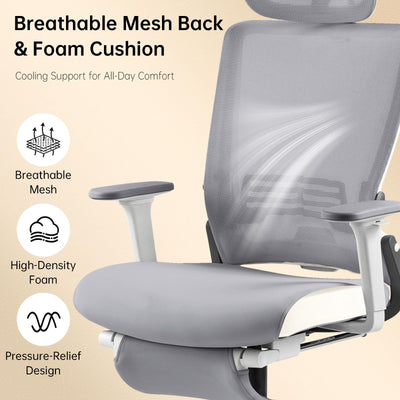 Foldable Office Chair with Foot Rest, Ergonomic Office Chair with Adjustable Lumbar Support, Headrest, Armrest, Home Office Desk Chairs for Space Saving, Grey