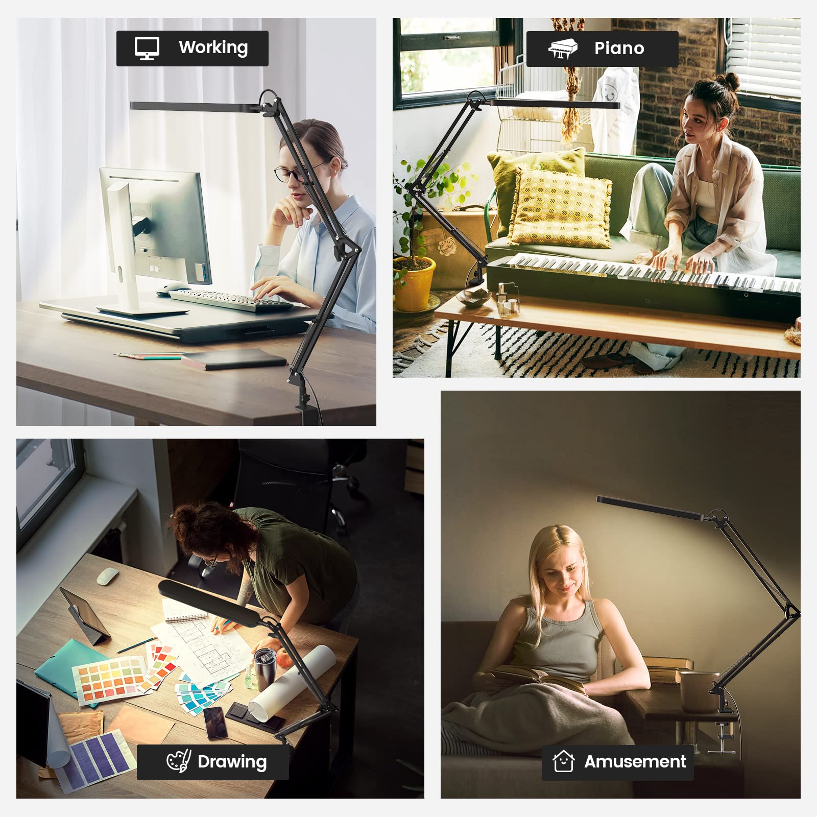 Desk Lamp for Home Office, Eye Comfortable LED Desk Light for Long Hours, Adjustable Swing Arm with Memory Function, Black
