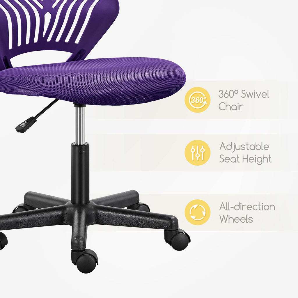 Students Cute Desk Chair Low-Back Armless Study Chair w/Lumbar Support Adjustable Swivel Chair in Home Bedroom School, Purple