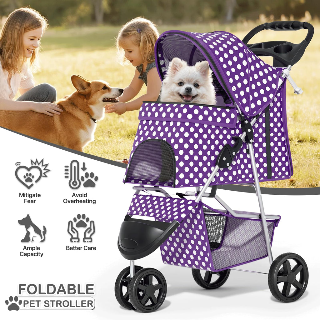 3 Wheels Pet Dog Cat Stroller for Small Medium Dogs Cats, Foldable Jogger Stroller w/Storage Basket and Cup Holder, Purple Polka Dots