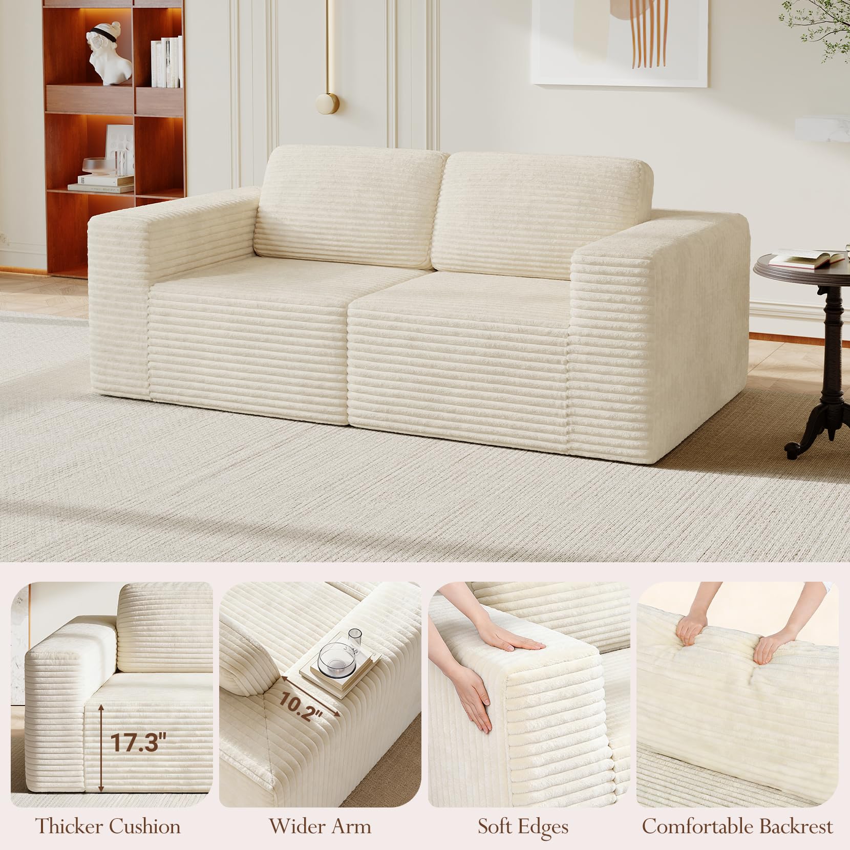 80" Modular Sectional Sofa, Corduroy Cloud Couch with Deep Seating & Spring Support, 2 Seater Compact Modular Couch, Boneless Sectional Sofa for Small Spaces, No Assembly Required, Beige
