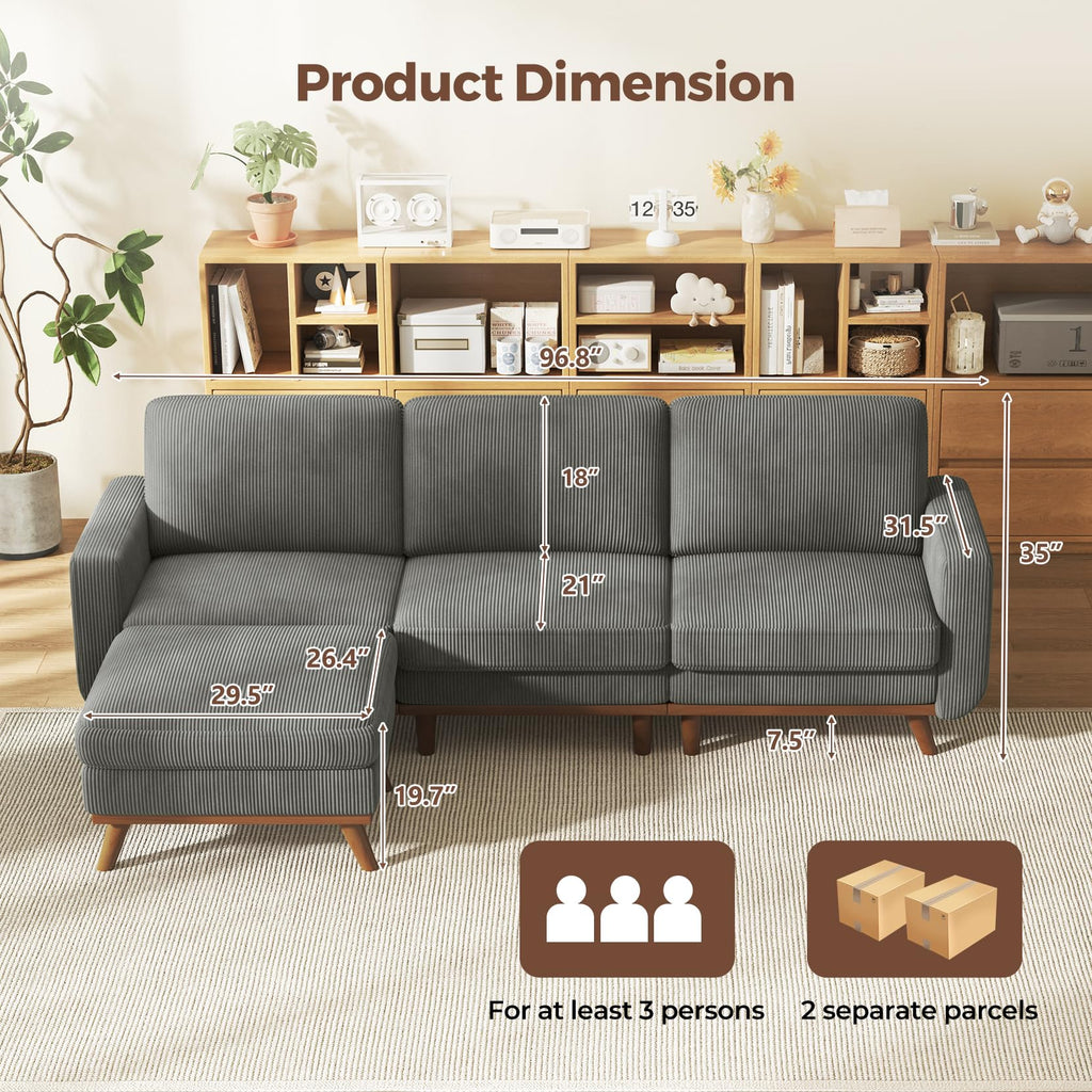 97" Modular Sectional Sofa Dark Gray, L-Shaped Couch with Movable Ottoman, Comfy Corduroy Couch with Spring Cushion, Modular Sofa with Deep Seat for Living Room, Bedroom and Apartment