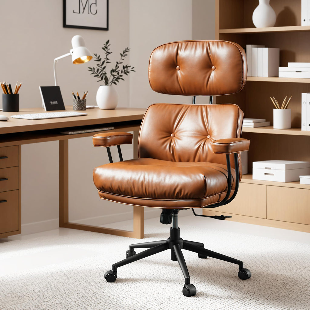 Ergonomic Office Chair, High Back Faux Leather Executive Chairs with Thick Cushion, Comfy Mid-Century Modern Swivel Rolling Computer Armchair (Brown, PU Leather)