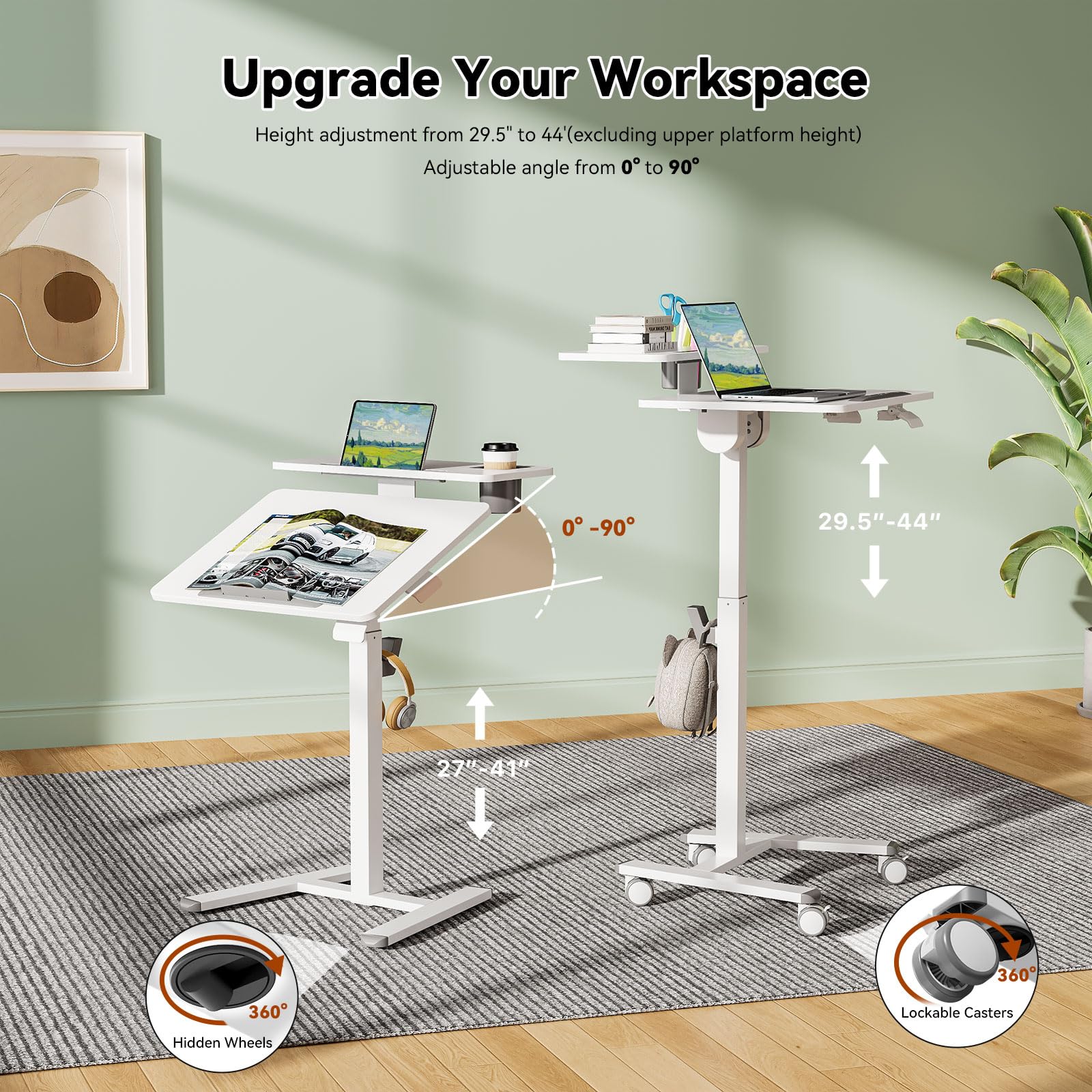 24Inch Rolling Standing Desk On Wheels， Mobile Laptop Stand with Tiltable Desktop， Smaller Computer Workstation Adjustable Height， 2-Tier Portable Study Table with Storage Shelves， White