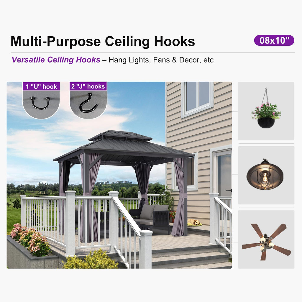 8' X 10' Permanent Hardtop Gazebo with Galvanized Steel Double Roof for Patio Lawn Garden Aluminum Gazebo with Netting and Curtains Grey
