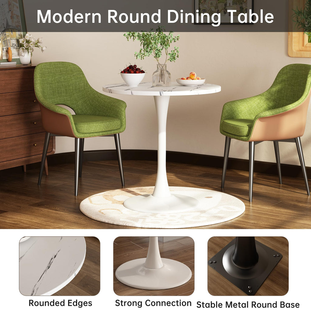 White Marble Round Dining Table 24" Circle Tulip Table with Thickened Tabletop & Sturdy Metal Pedestal Mid Century Modern Leisure Bistro Kitchen Tables 2 People Small Places Living Room Cafe