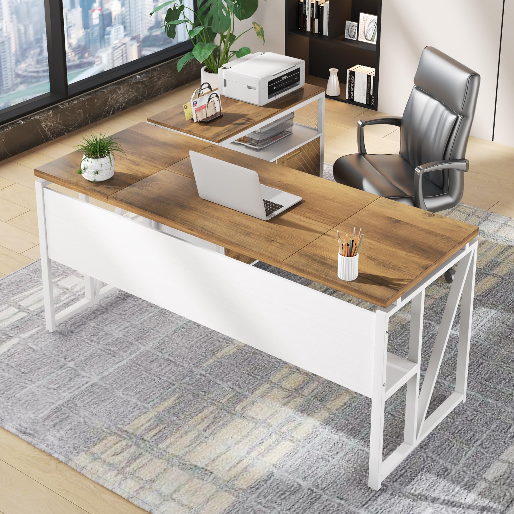 Office Desk with Drawers Sets, 63 inches L Shaped Computer Desk with Mobile File Cabinet,Big Executive Desk for Home Office Furniture Sets (Light Walnut, 63-inch)
