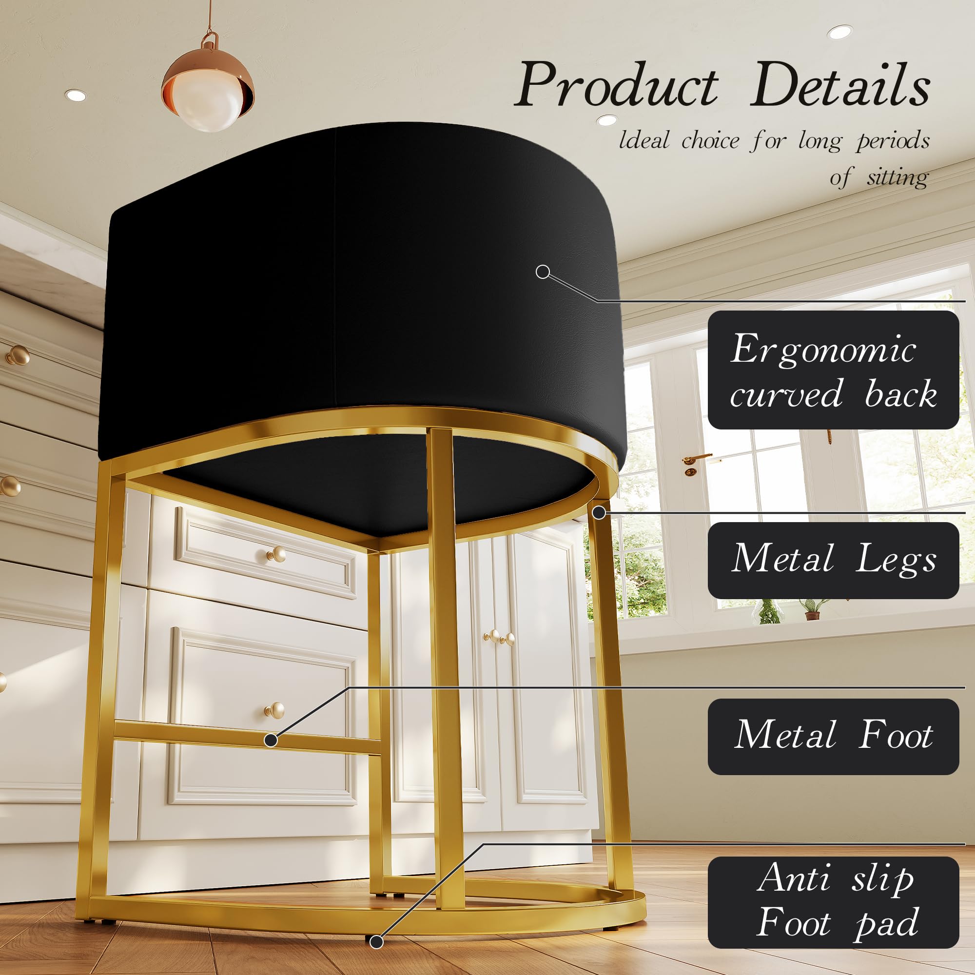 Modern Counter Height Bar Stools,Bar Stools Set of 4,PU Leather Upholstered Barrel Barstools with Backs,24'' Kitchen Island Chairs,Metal Gold Frames,Ink Black Leather