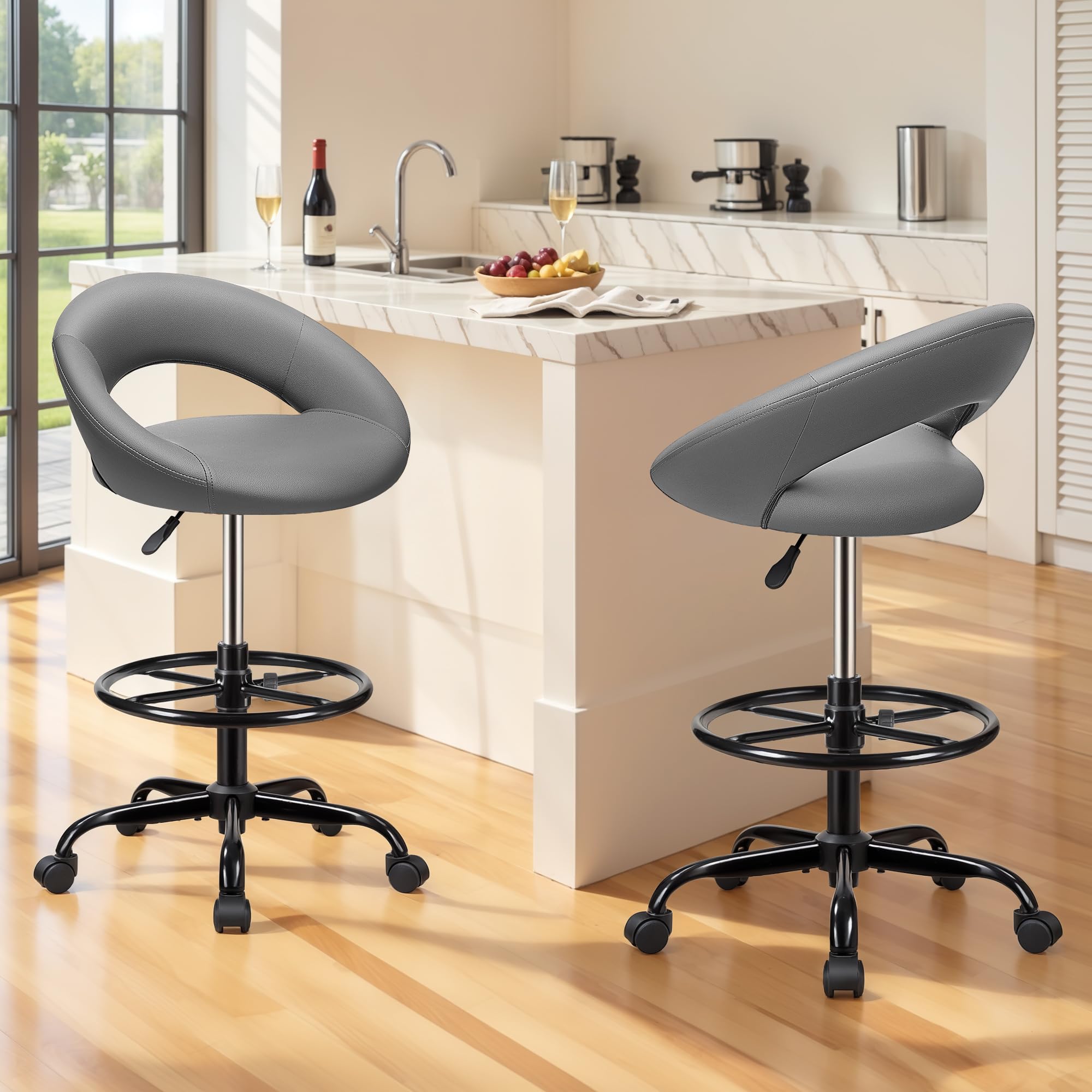 Gray 4 Pack, Drafting Chair with Back, Height Adjustable Rolling Stool with Foot Rest, Tall 360° Swivel Stool PU Leather Chair with Wheels for Home Office, Standing Desk