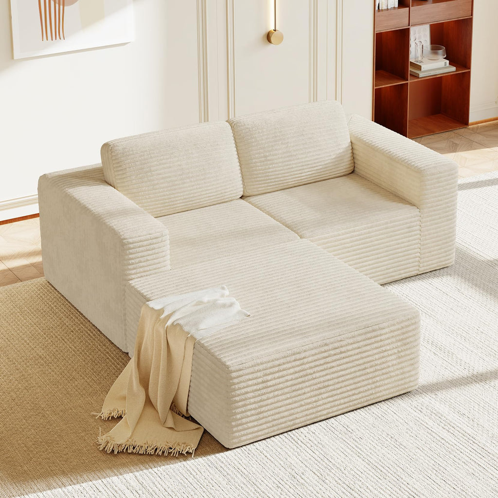 80" Modular Sectional Sofa, Corduroy Cloud Couch with Deep Seats & Spring Support, Compact 2 Seater Boneless Couch, L-Shaped Modular Sofa for Small Spaces, Apartments, No Assembly, Beige