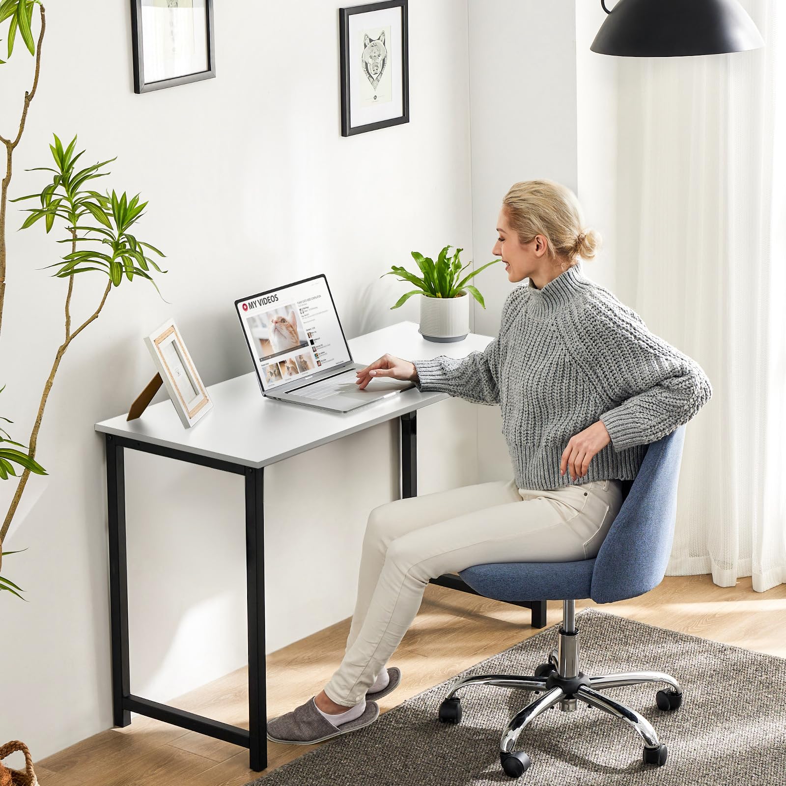 Computer Small Office Desk 32 Inch Student Study Writing Work with Metal Frame Wood Tabletop Modern Simple PC Home Bedroom Table, Modern White