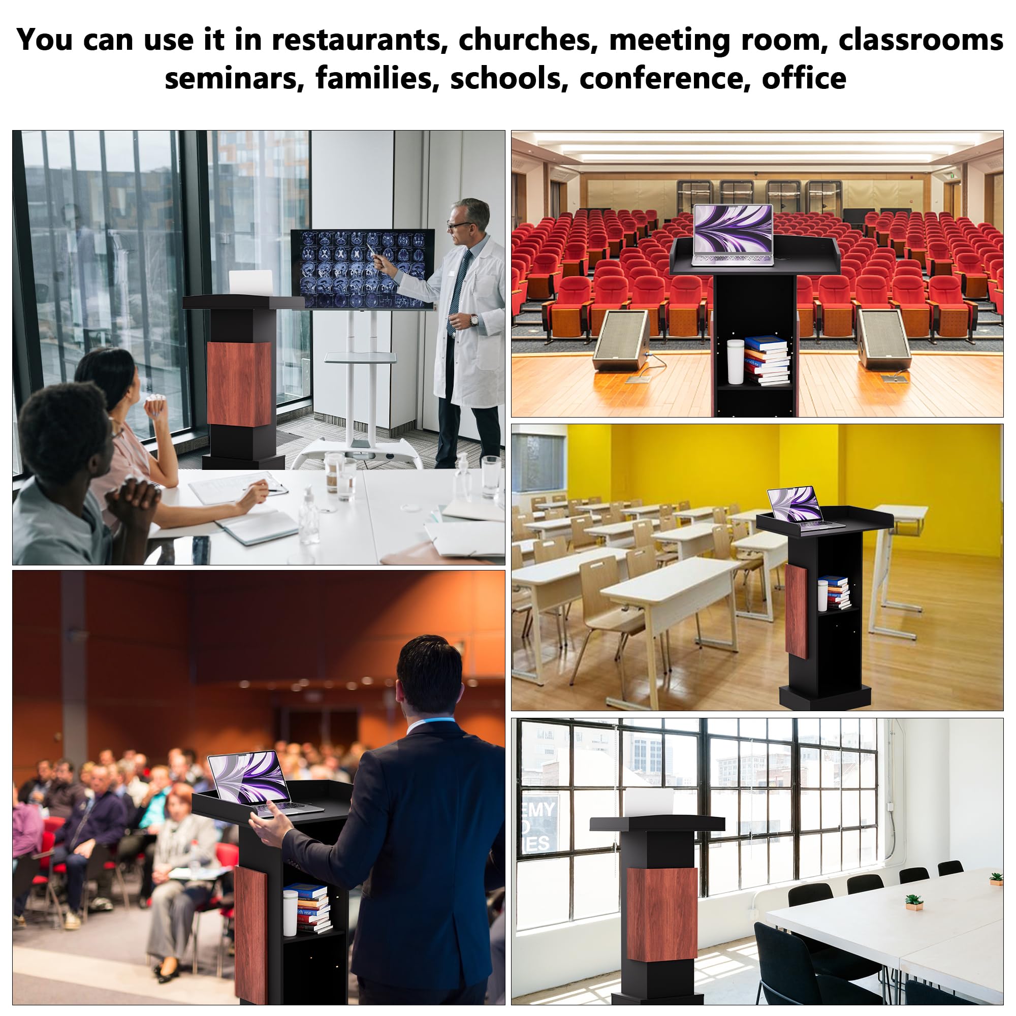 Wood Podium,Lectern Stand,12MM Particle Board,Podium with Storage,Mic Stand Space,Easy Installation Wooden Stand for Restaurants,Churches,Seminars and Schools